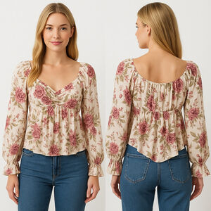 Women's SO Beige Pink Floral Long Sleeve Blouse XL